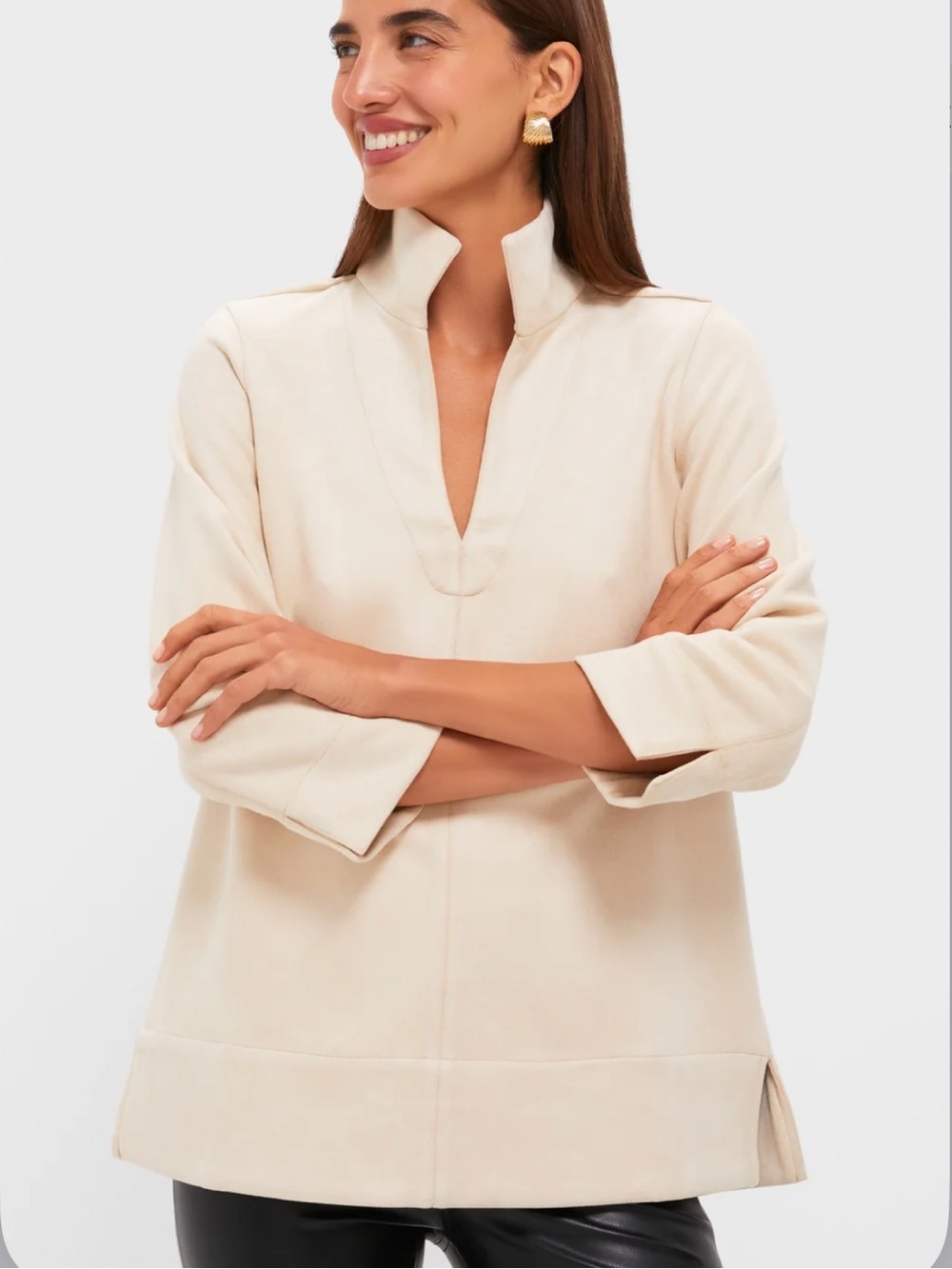 Tuckernuck Suede Margot Stand Collar Blouse in Bone Size S